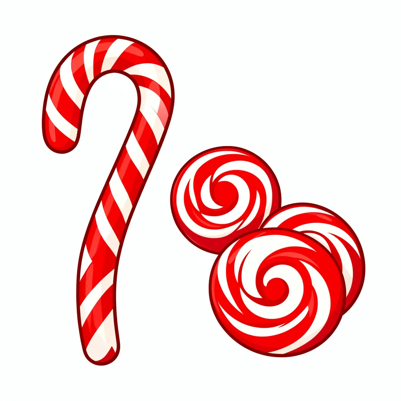 Red and white striped candy cane next to round peppermint swirl candies on a plain white background