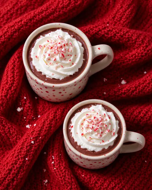 Two speckled mugs of hot cocoa topped with whipped cream and crushed peppermint rest on a red knit blanket.