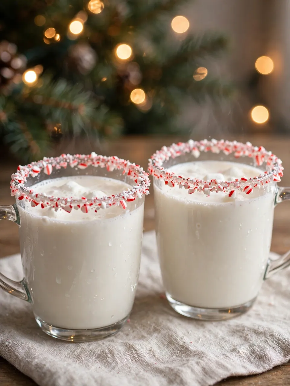 Two glass mugs of steaming white hot chocolate with candy cane rims sit beside a blurred Christmas tree with warm bokeh