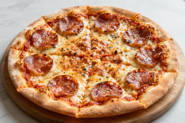 Top down view of a freshly baked pepperoni pizza resting on a round wooden serving board over a light countertop