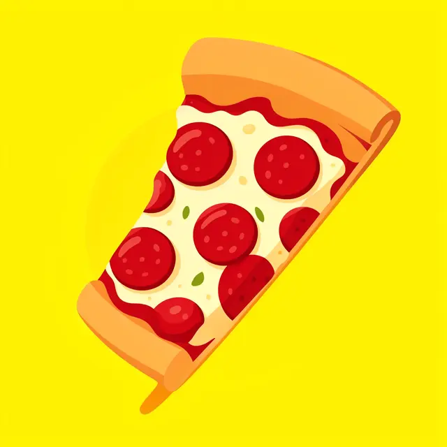Flat cartoon illustration of a pepperoni pizza slice set against a bright solid yellow background
