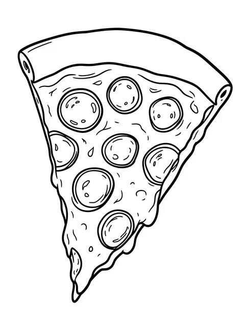 Bold black and white line art of a pepperoni pizza slice on a plain white background