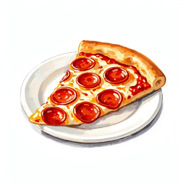 Gouache illustration of a pepperoni pizza slice resting on a small white plate against a plain white background