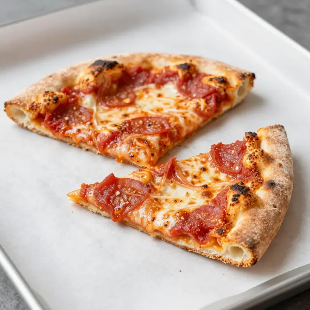 Two thick crust pepperoni pizza slices rest on white parchment paper atop a metal baking tray