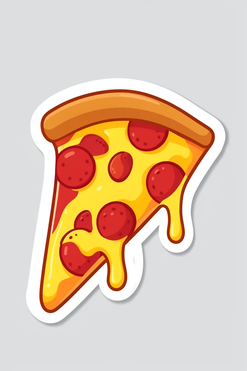Die-cut sticker illustration of a pepperoni pizza slice with dripping melted cheese on a light gray background