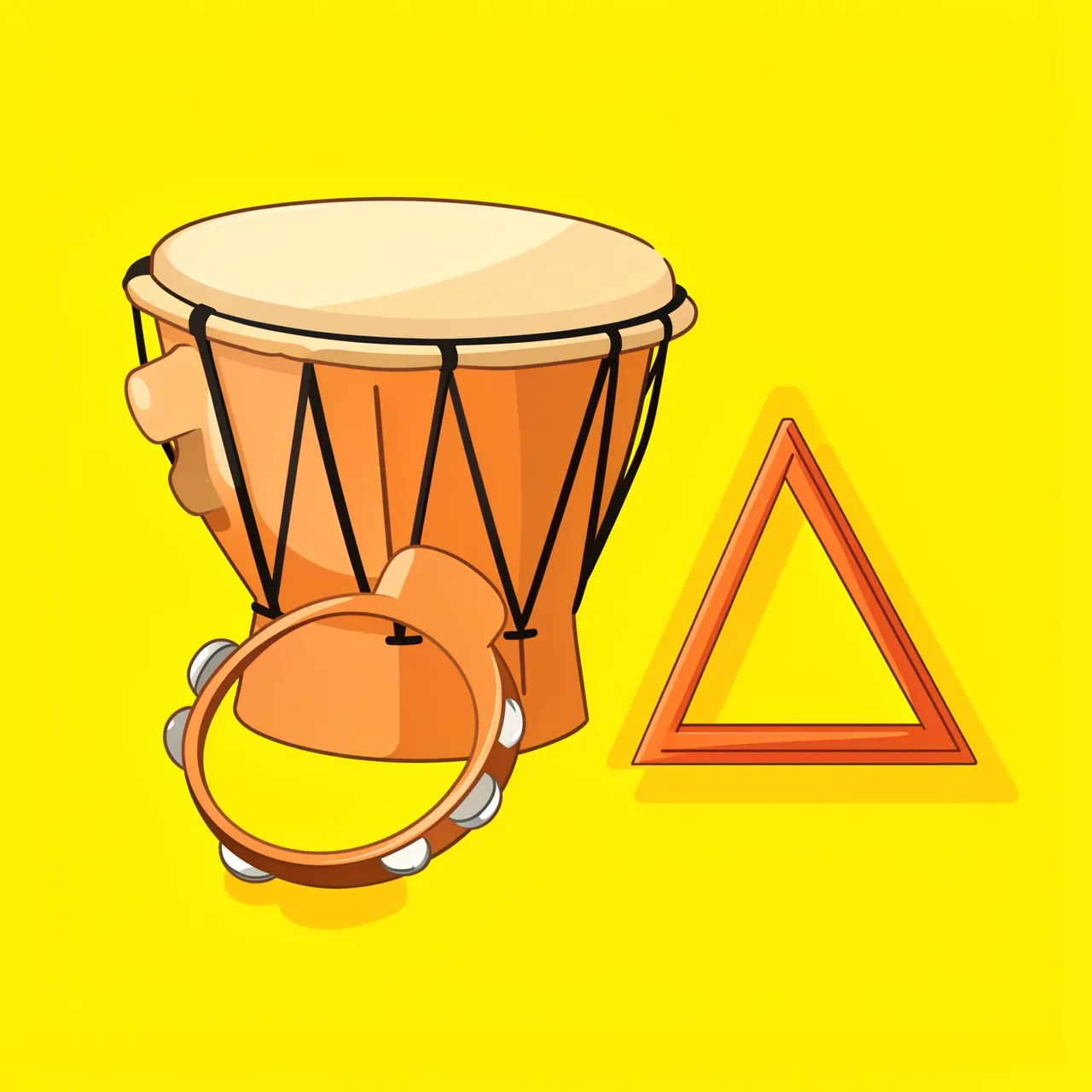 Flat vector illustration of a djembe hand drum, tambourine, and triangle on a bright solid yellow background