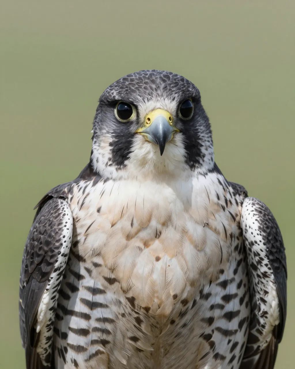 A sharp frontal portrait of a peregrine falcon with a dark hood against a blurred pale green background