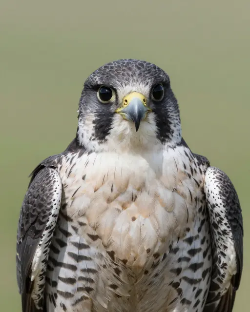 A sharp frontal portrait of a peregrine falcon with a dark hood against a blurred pale green background