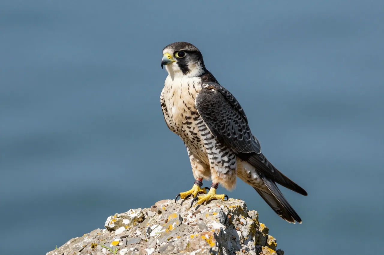 A peregrine falcon perched alertly on a lichen-covered sea cliff rock against a soft blue blurred background