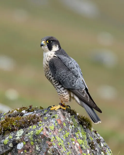 A peregrine falcon perches alert on a lichen-covered boulder in an alpine meadow, looking sideways.
