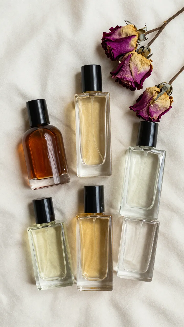 Flat lay of amber and clear glass perfume bottles arranged with dried roses on cream silk fabric