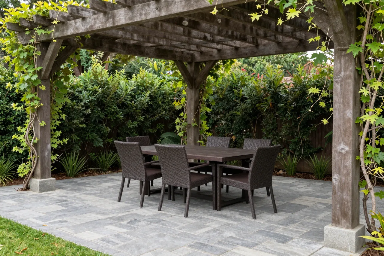 Timber pergola with climbing vines covers a flagstone patio holding an outdoor dining table and chairs.