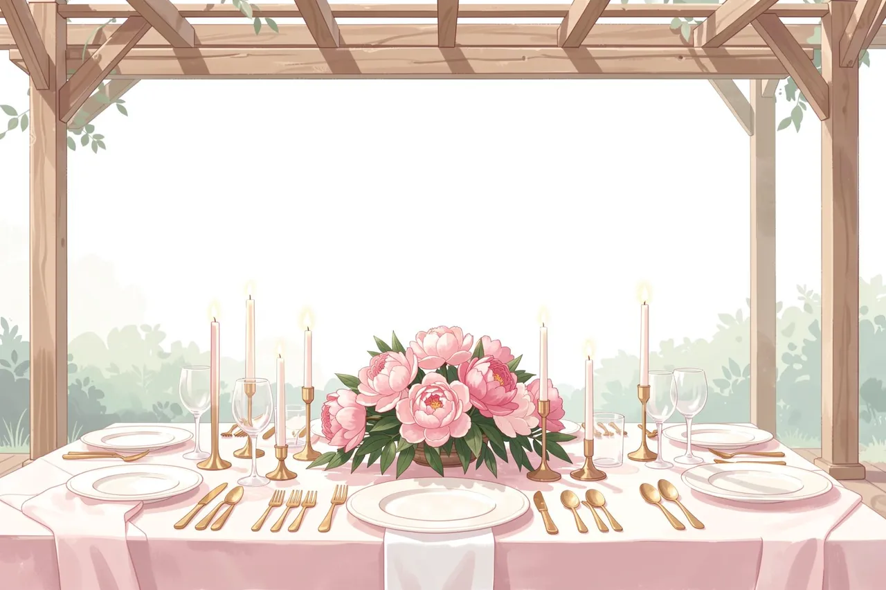 Pastel illustration of an outdoor wedding table with peonies, candles and gold cutlery under a wooden pergola with empty