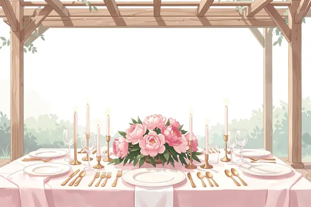 Pastel illustration of an outdoor wedding table with peonies, candles and gold cutlery under a wooden pergola with empty