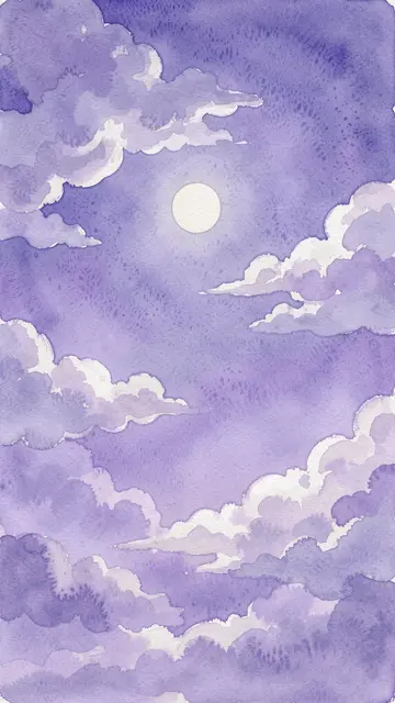 Vertical watercolor illustration of a periwinkle sky with drifting clouds and a pale central daytime moon