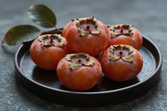 Fresh persimmons with water droplets rest on a dark round tray beside a leafy branch over a gray stone surface