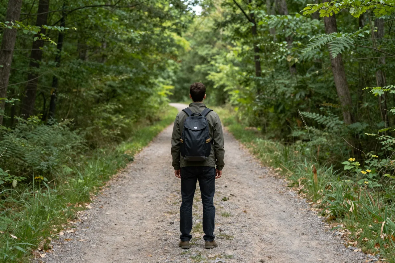 A man seen from behind stands at a fork in a dirt forest path, facing into the trees.