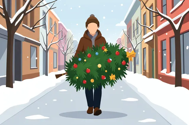 A faceless adult carries a decorated Christmas tree down a snowy residential street as snow falls