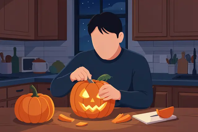 Faceless adult carving a glowing jack-o-lantern at a kitchen table on a starry night