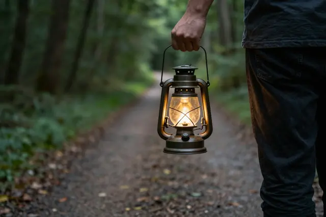 Seen from behind, a person holds a lit vintage lantern while standing on a dark forest trail.