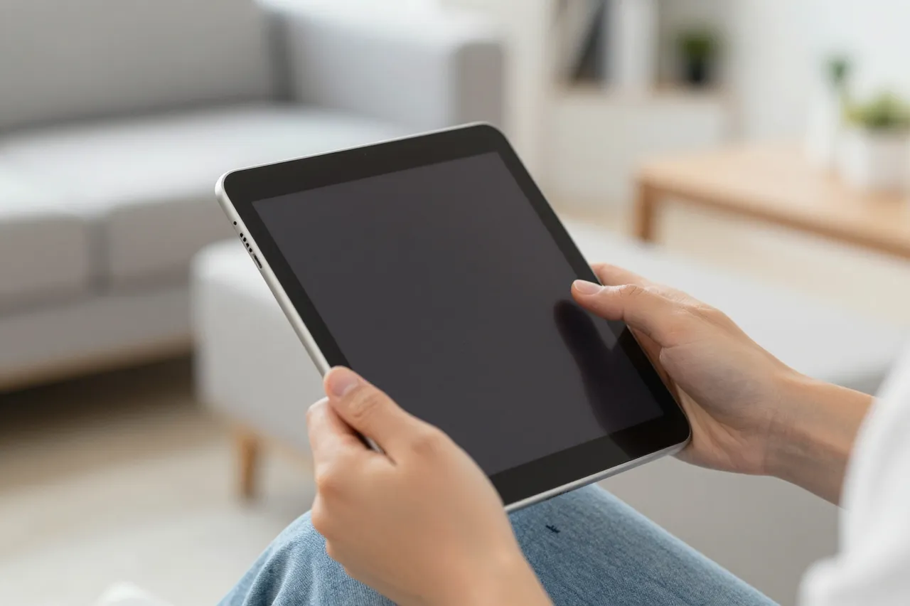 A person holds an unbranded blank-screen tablet while seated in a bright modern living room