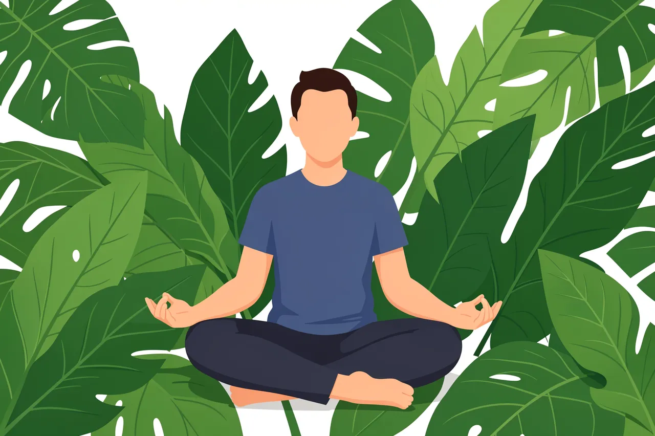 A faceless seated person meditates in lotus pose surrounded by large green monstera leaves