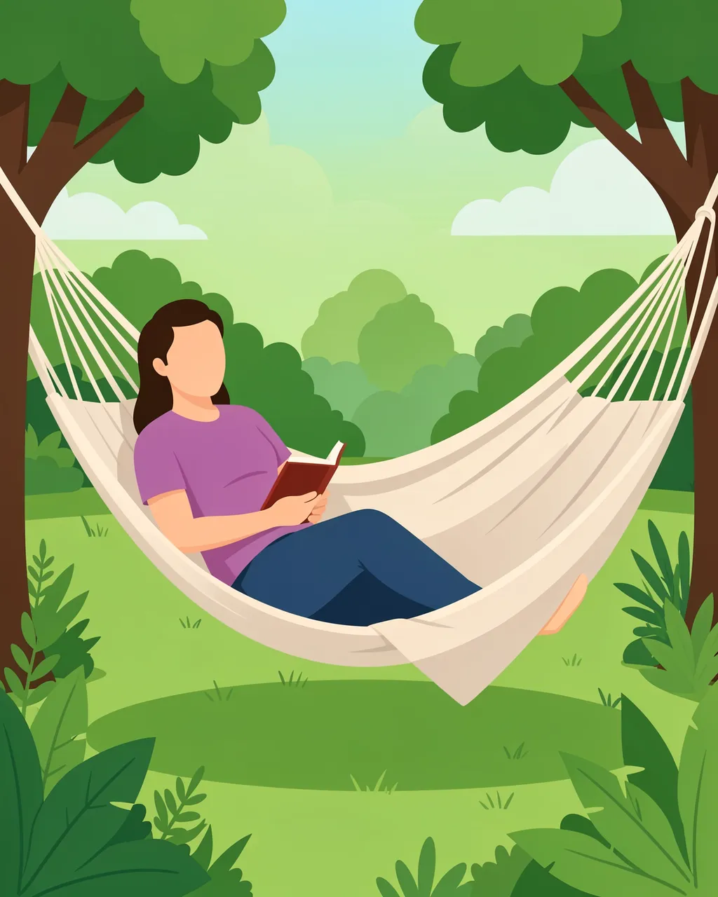 Faceless adult rests in a beige garden hammock holding an open book among summer green foliage