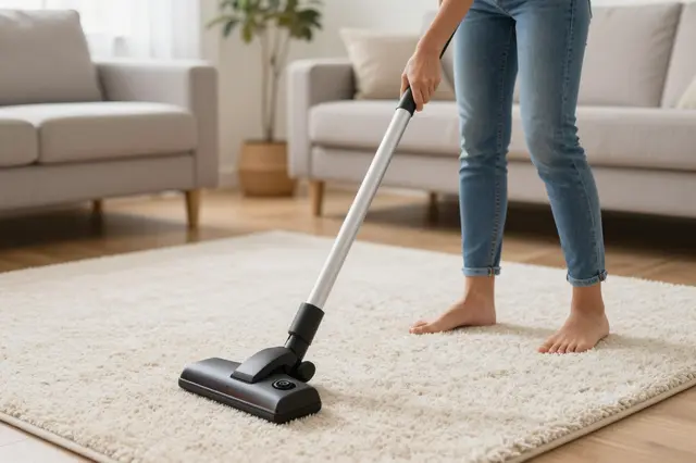 Barefoot person vacuuming a fluffy cream rug in a bright neutral living room