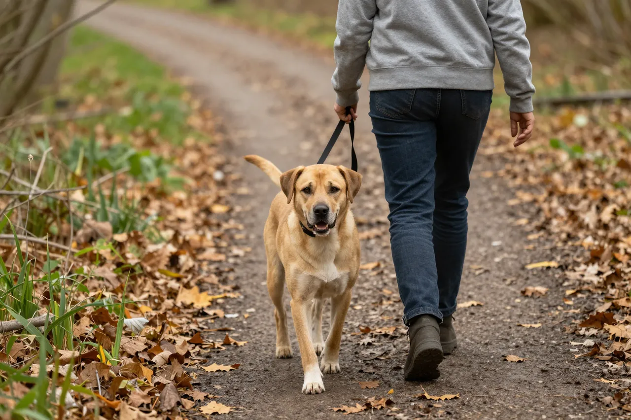 A person viewed from behind walks a light tan dog on a leash along a leaf strewn dirt path