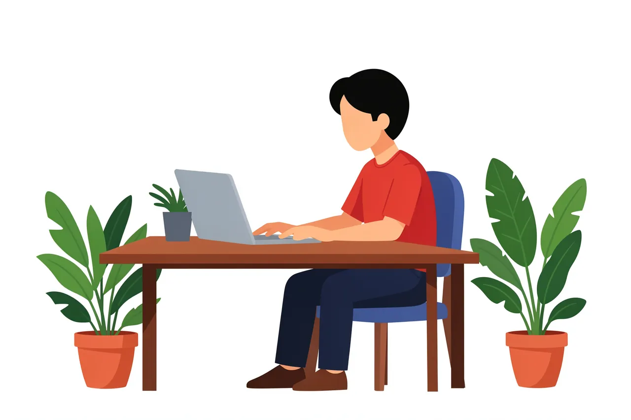 A flat illustrated person types on a laptop at a wooden desk surrounded by potted houseplants