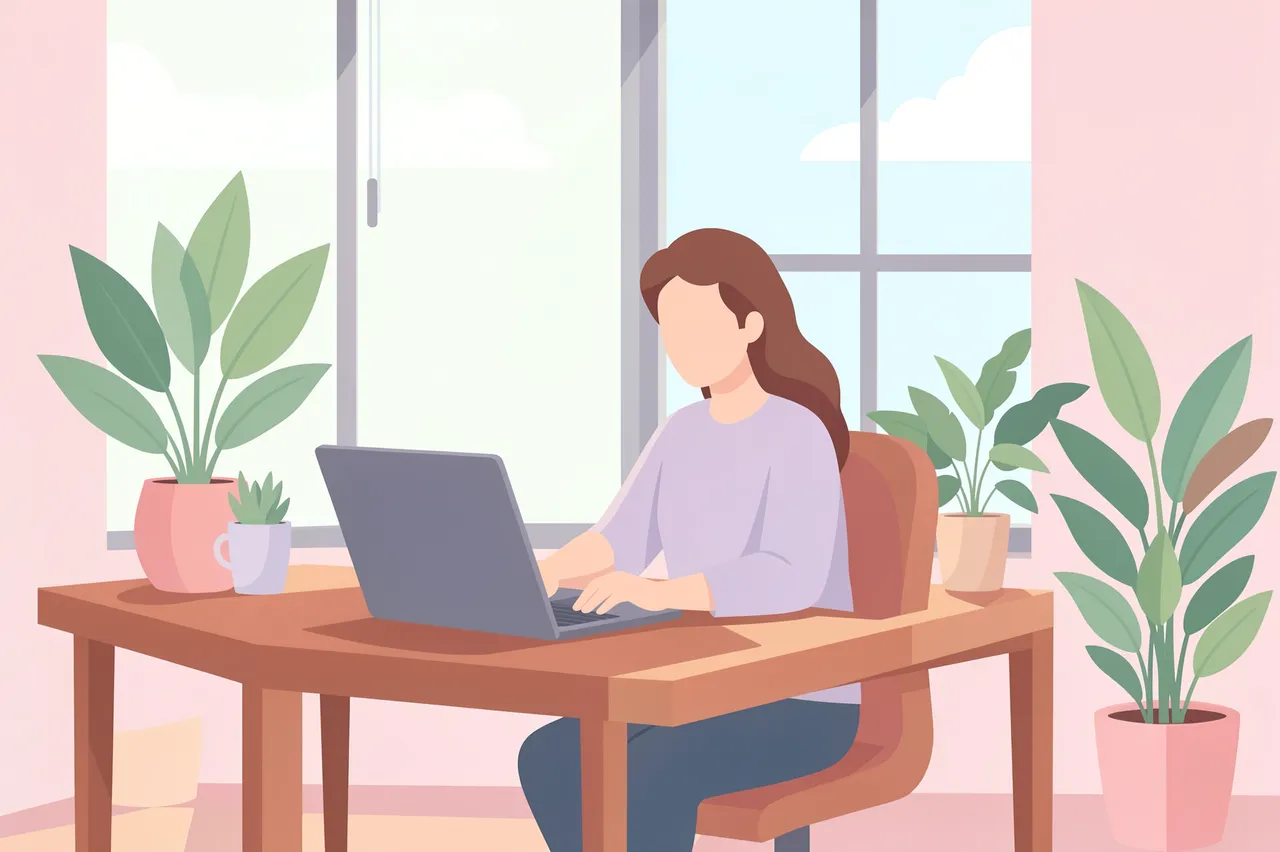 Faceless person typing on a laptop at a home desk surrounded by potted plants near a bright window