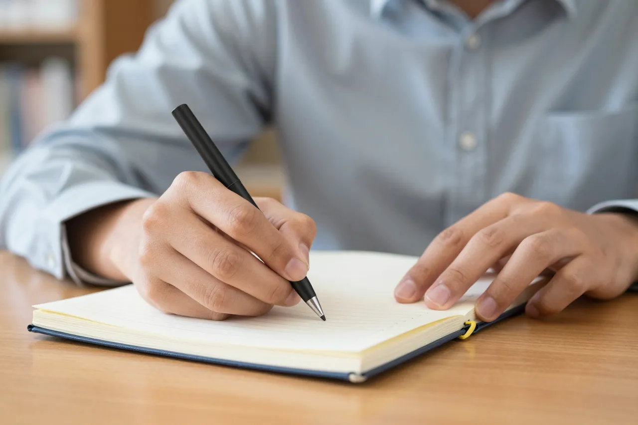 Close-up of an adult person's hands writing with a pen in an open lined notebook on a wooden table