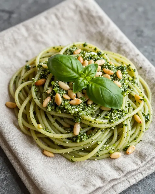 A twisted nest of pesto spaghetti topped with pine nuts and fresh basil sits on a folded linen napkin over a dark stone