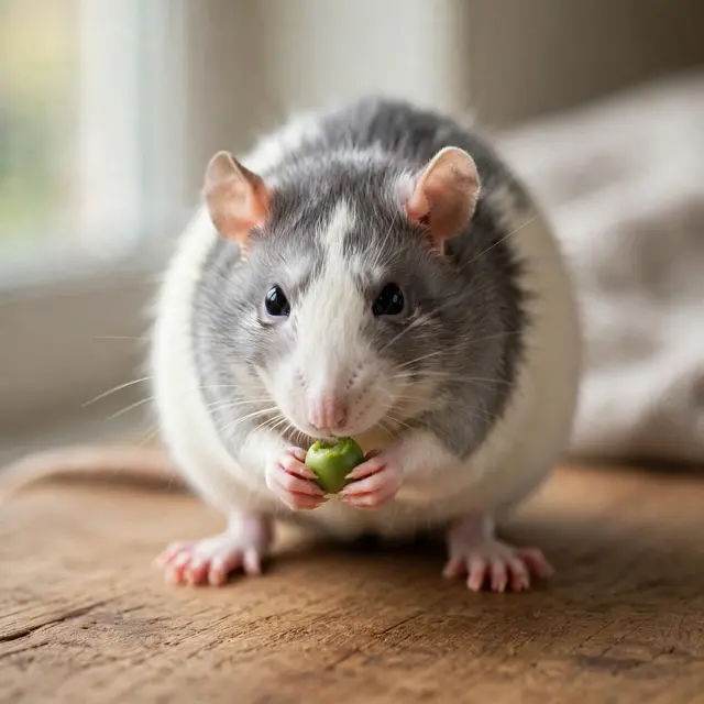 Gray and white pet rat holds a green pea while sitting on a wooden table in soft window light