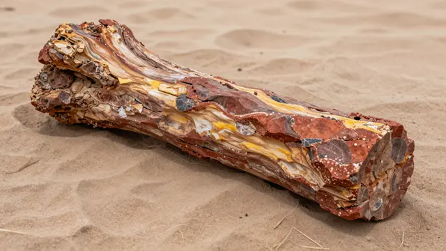 Colorful red and yellow petrified log resting on fine tan desert sand