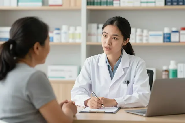 A pharmacist in a white lab coat speaks with a woman across a pharmacy consultation desk