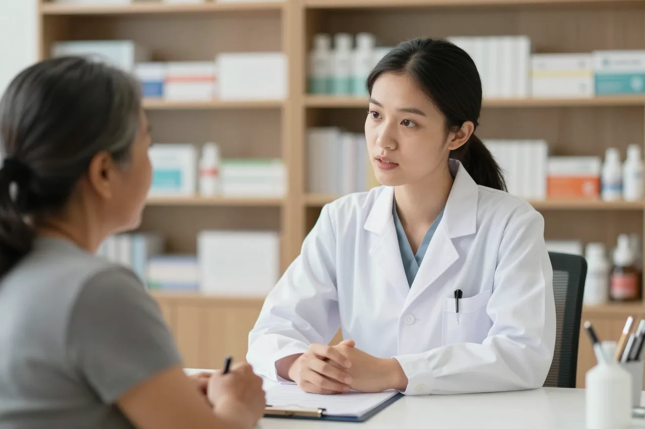 A female pharmacist in a lab coat listens to an older woman during a pharmacy consultation, with blurred medication shelves