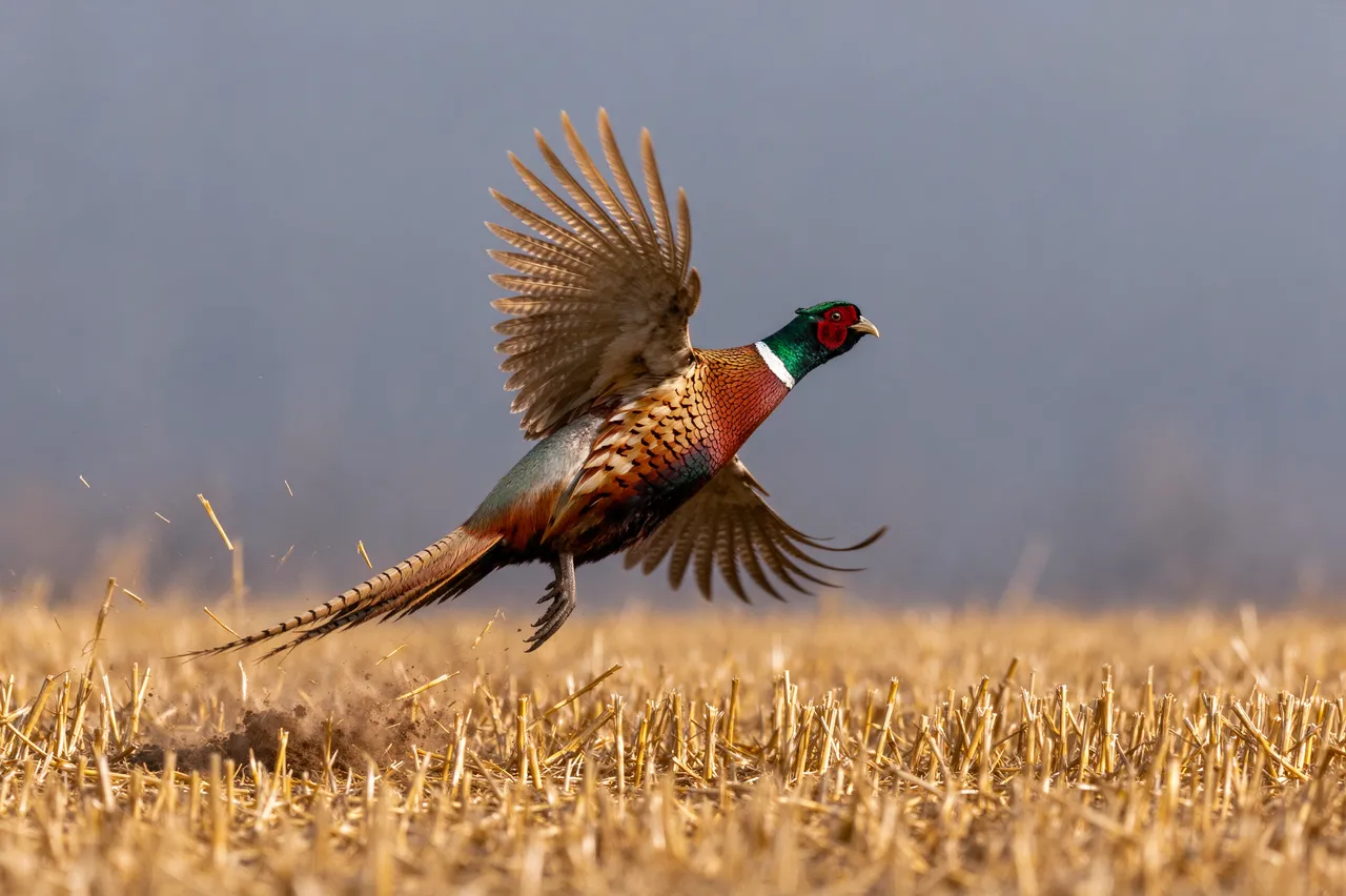 A male ring-necked pheasant bursts into flight from a golden harvested stubble field.