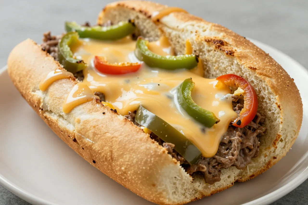 A close-up of a philly cheesesteak with melted cheese and bell peppers resting on a white plate