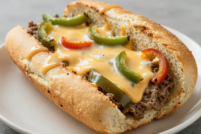 A close-up of a philly cheesesteak with melted cheese and bell peppers resting on a white plate
