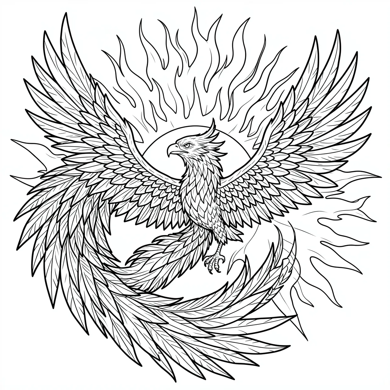Intricate black line art of a phoenix circling a blazing sun on a plain white background