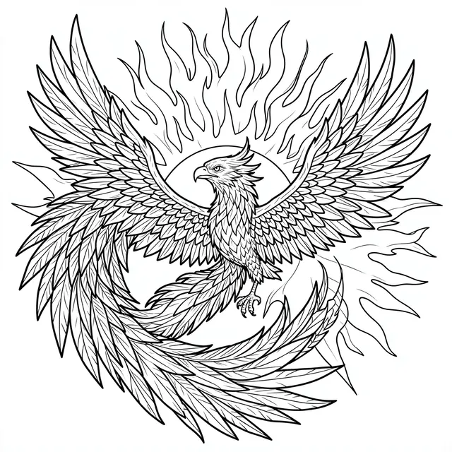Intricate black line art of a phoenix circling a blazing sun on a plain white background