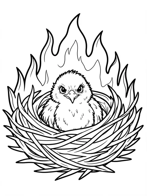 Black and white line art coloring page of a fluffy phoenix chick peeking from a nest of stylized flames on a plain white