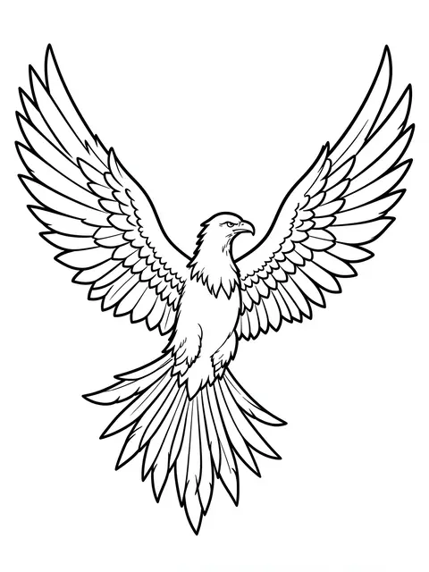 Bold black line art of a phoenix with outstretched wings on a plain white background
