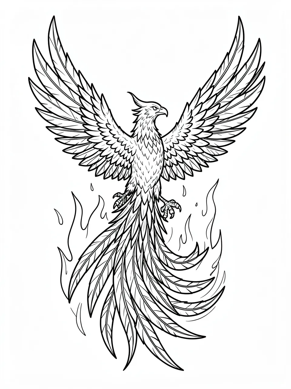 Black and white line art of a phoenix with spread wings rising from stylized flames on a white background