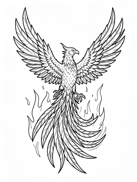 Black and white line art of a phoenix with spread wings rising from stylized flames on a white background