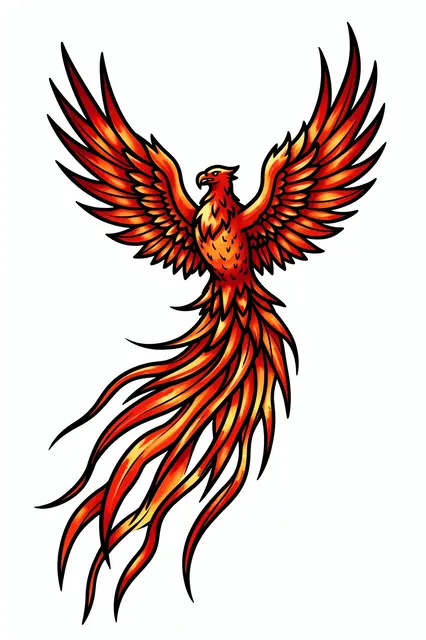 Bold outlined phoenix illustration with flame tail feathers on a plain white background