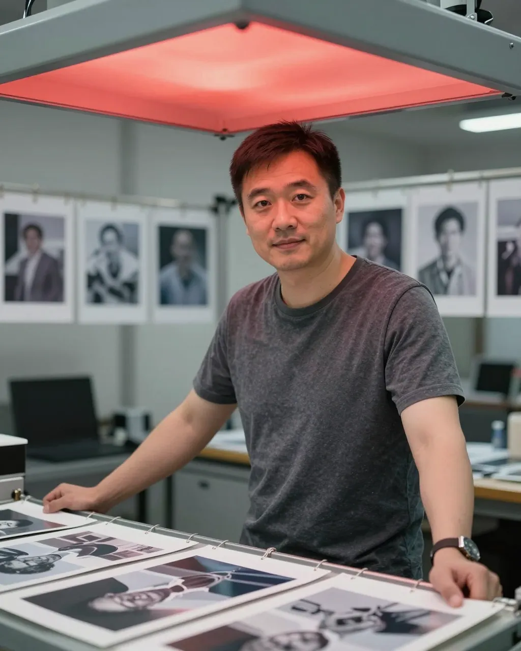 East Asian man in his thirties stands under a red safelight reviewing drying photographic prints in a darkroom workspace