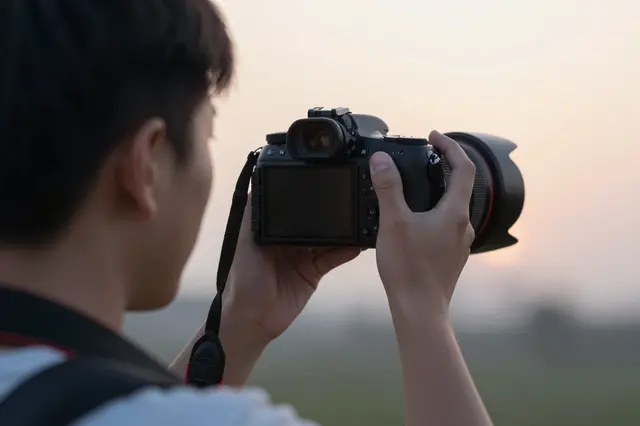 View from behind of a photographer holding a DSLR camera up to capture a soft dawn landscape