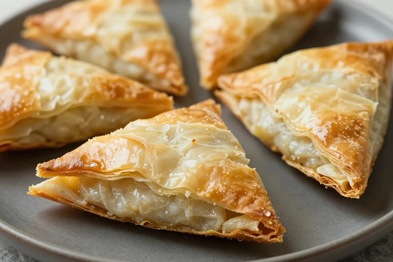 Five flaky golden phyllo pastry triangles arranged on a matte gray ceramic plate